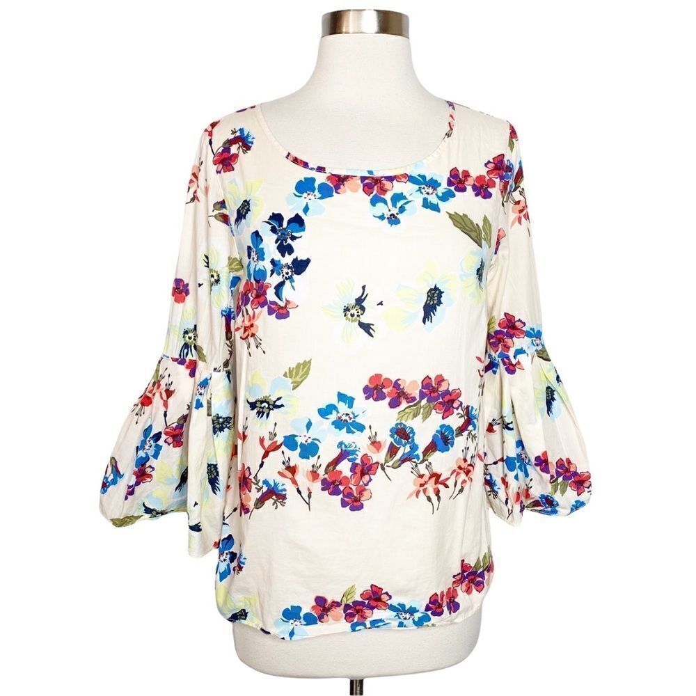 JANE and Delancey Womens Floral Flare Sleeve Top Size Small White Red Blouse